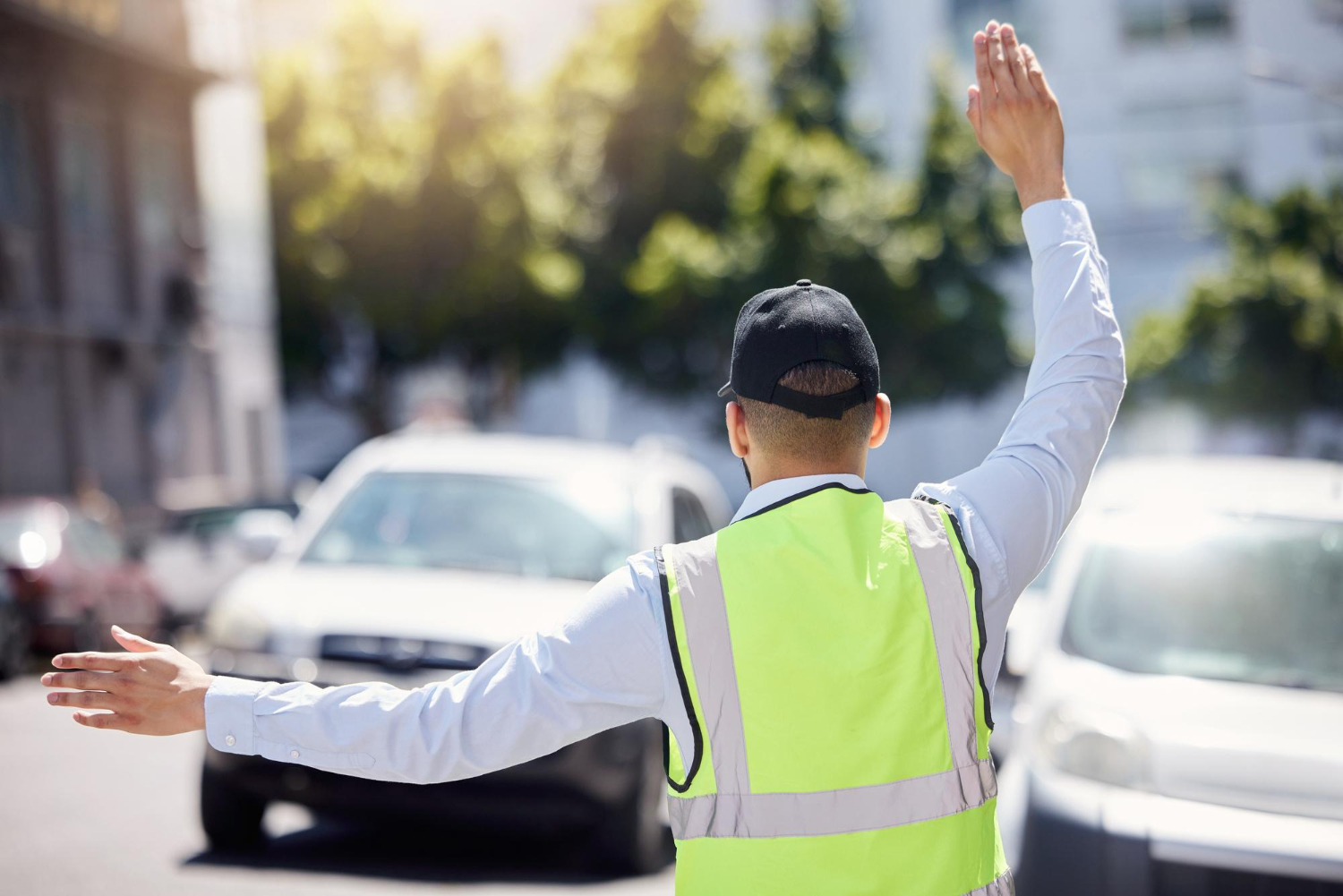 Traffic marshal managing an event in London